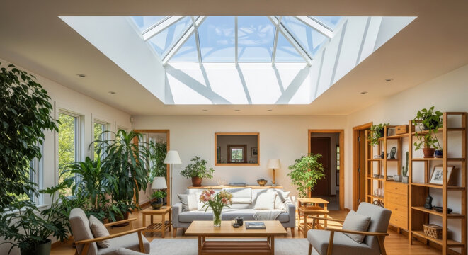 Serene Living Room With Abundant Natural Light And Lush Greenery