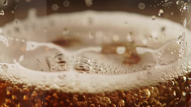 Close-up macro shot of beer being poured into a glass, showing foam and bubbles.