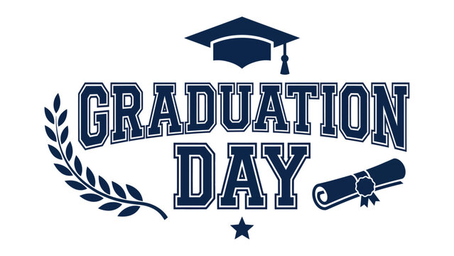 Graduation Day Emblem: A stylized illustration featuring a mortarboard, laurel wreath, and diploma, celebrating academic achievement and the milestone of graduation day.