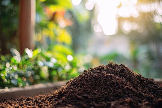 A rich pile of freshly dug dark soil sits ready for planting in a sunlit garden setting