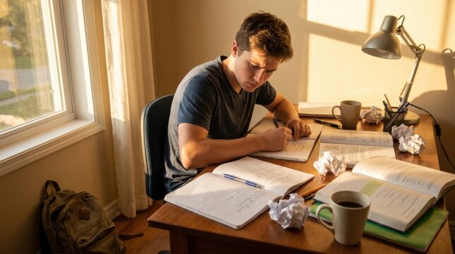 Focused teenage boy sitting at a wooden desk and studying hard for his upcoming exams with open textbooks and crumpled paper in his sunlit bedroom during a quiet late afternoon.