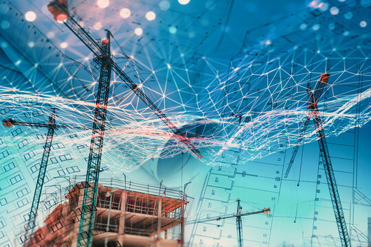  Gr&uacute;as de construcci&oacute;n con malla de red digital concepto azul, arquitectura. Gr&uacute;as de construcci&oacute;n con malla de red digital brillante; concepto de arquitectura inteligente y tecnolog&iacute;a de construcci&oacute;n
