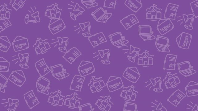 Purple background pattern with school building, laptop, lamp, report icons. Perfect for educational materials, websites, and backtoschool designs.
