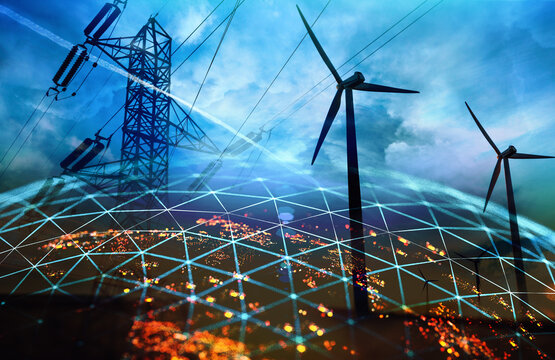 Pil&oacute;n el&eacute;ctrico y aerogeneradores con red nocturna, concepto.Pil&oacute;n el&eacute;ctrico y aerogeneradores con red luminosa nocturna,Concepto global de energ&iacute;a inteligente y red el&eacute;ctrica para el dise&ntilde;o editorial