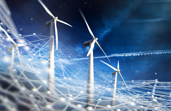  Turbinas e&oacute;licas con conexiones de red brillantes en azul, energ&iacute;a inteligente. Turbinas e&oacute;licas con conexiones de red digitales brillantes en azul; concepto de red inteligente y energ&iacute;a renovable.