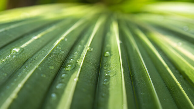 Macro shot of vibrant green screwpine leaf with dew drops
