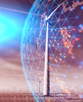 Turbina e&oacute;lica con concepto de datos de esfera de red digital,tecnolog&iacute;a energ&eacute;tica.Turbina e&oacute;lica &uacute;nica dentro de una red de esfera digital brillante; concepto de red inteligente de energ&iacute;a renovable