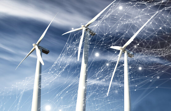  Parque e&oacute;lico con conexiones de red brillantes, concepto de energ&iacute;a inteligente. Parque de turbinas e&oacute;licas con conexiones de red digitales brillantes en el cielo azul; energ&iacute;a renovable inteligente 