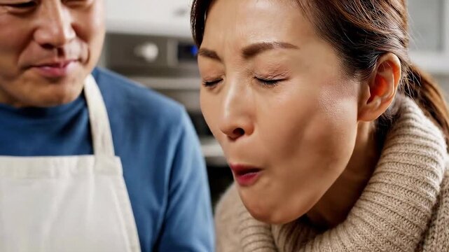 Cook presents crispy gyoza to wife for a taste test with dipping sauce in a home kitchen