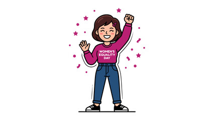 Woman Celebrating Women's Equality Day: A joyful woman stands with her fist raised in a gesture of empowerment, celebrating Women's Equality Day amidst confetti and stars. © azizunnahar