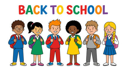 Back to School Diversity: A vibrant group of diverse school children, each with a backpack, stands ready for their first day back to school, representing a joyful start to the academic year. © Nusaybah