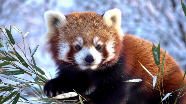Red panda Ailurus fulgens resting on snow-covered bamboo branches in a winter forest. Detailed close-up showing thick red fur, white facial markings, and black limbs in a wild habitat.