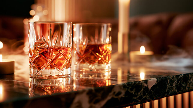 Amber Elixir by Candlelight: Two ornate glasses filled with rich amber liquid, likely whisky, sit on a polished marble surface, illuminated by the soft glow of flickering candles.