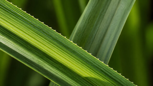 Macro view of green pandanus leaf with sharp serrated edges