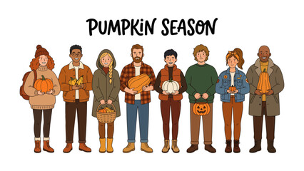Autumn Harvest Celebration: A diverse group of people stands together, embracing the spirit of the fall harvest season, each holding symbolic elements like pumpkins and autumn leaves. © asha
