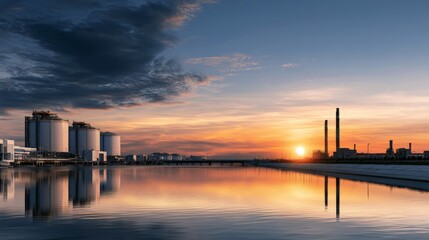Obraz premium Coastal LNG Plant at Sunrise with Reflective Waters and Skyline