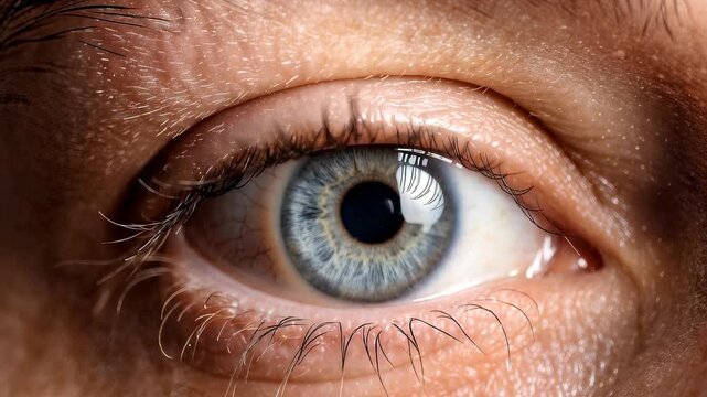 Human eye blinking in extreme close-up. Macro view of blue iris and pupil with detailed skin texture. Panning and tilting camera movement.
