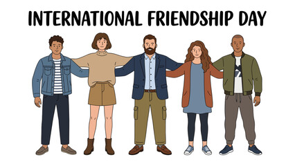 Fototapeta premium Diverse Friends Celebrate Together: A group of diverse individuals stand arm in arm, symbolizing unity and friendship on International Friendship Day.