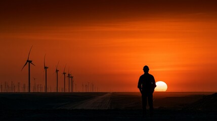 Fototapeta premium Engineer Standing at Renewable Energy Plant During Sunset