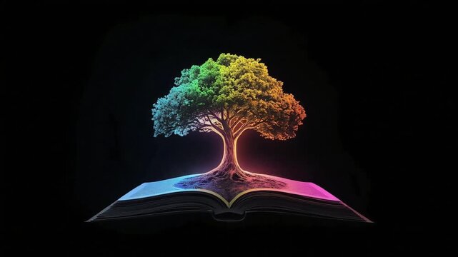 Vibrant rainbow tree grows from an open book in this glowing digital motion animation piece for artistic visual media projects