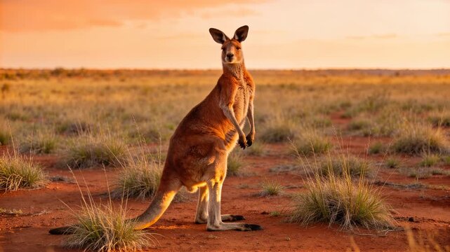 Lone red kangaroo standing in the vast Australian outback landscape during a warm sunset