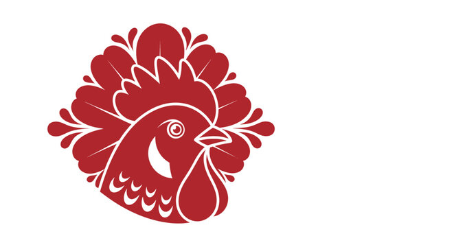 A stylized red rooster head with a decorative comb and wattle, featuring a happy expression and intricate feather patterns.