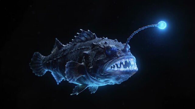 Scary deep sea anglerfish swimming and opening its mouth in the dark abyssal ocean depths
