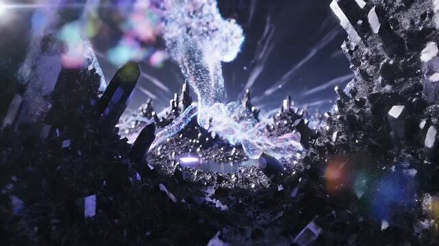 A surreal landscape of crystalline structures in a dark, ethereal environment.