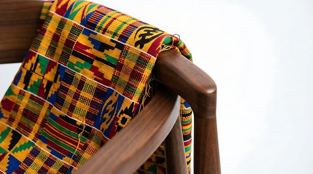 Colorful patterned kente cloth draped over a wooden chair arm