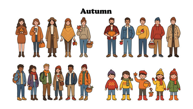 Autumn Collection: A vibrant assortment of people dressed in autumn-themed attire, showcasing the spirit of the season with cozy sweaters, hats, and scarves, ready for fall activities.