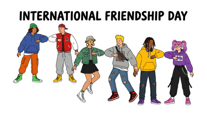 Fototapeta premium International Friendship Day Celebration: A vibrant illustration depicts six young people, each with a unique style.