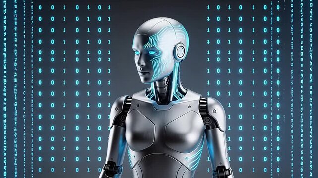 Futuristic female robot with binary code