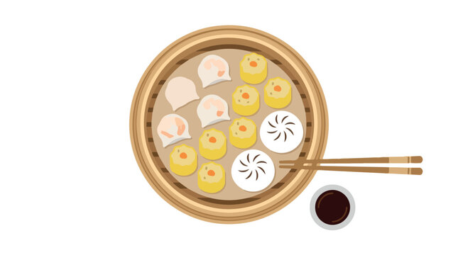 Top view illustration of traditional Chinese dim sum served in a bamboo steamer basket.