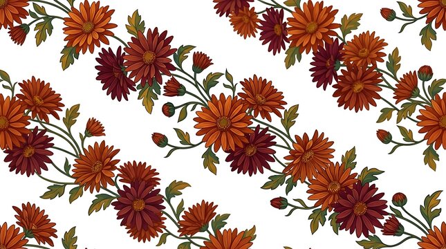 Seamless pattern of orange and burgundy autumn chrysanthemum flowers