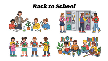 Fototapeta premium Back to School Collection: A vibrant collection of illustrations depicting various back-to-school activities, including science lessons, organizing lockers, gardening, and reading in a library.