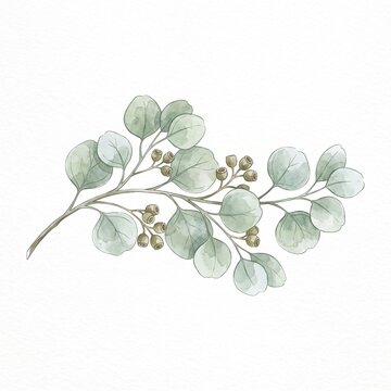 Watercolor vector branch with green eucalyptus leaves silver dollar tree leaf