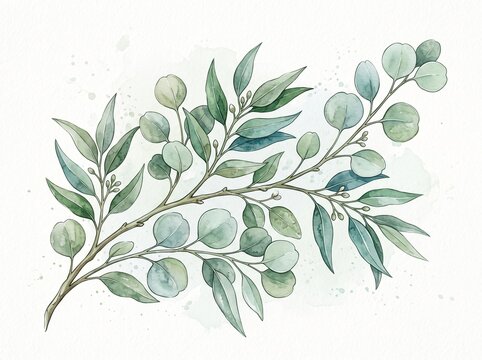 Watercolor vector branch with green eucalyptus leaves silver dollar tree leaf
