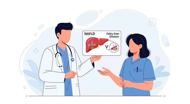 Doctor explaining fatty liver disease (NAFLD) to a nurse using a diagram, medical consultation and healthcare illustration.