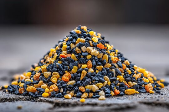 A vibrant mound of mixed gravel and sand in varied colors forms a textured pile, showcasing raw construction materials