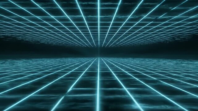 A futuristic digital grid in a dark, abstract space.
