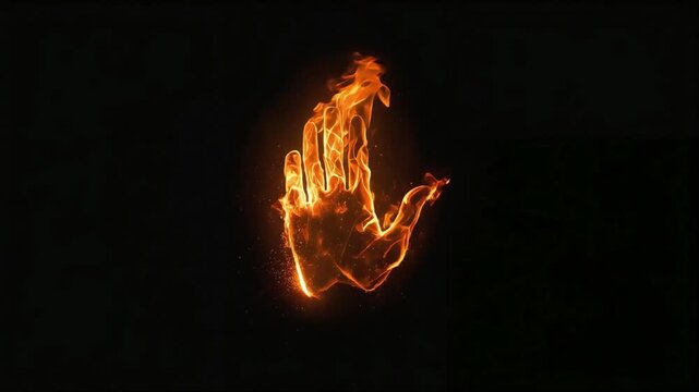 Glowing open palm shape formed by bright orange flames in this dynamic motion video clip with high contrast energy
