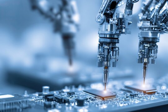 Advanced robotic arms performing intricate soldering on a complex electronic circuit board in a modern manufacturing facility.