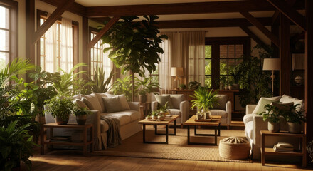 Fototapeta premium Serene Interior Abundant With Lush Greenery And Natural Light