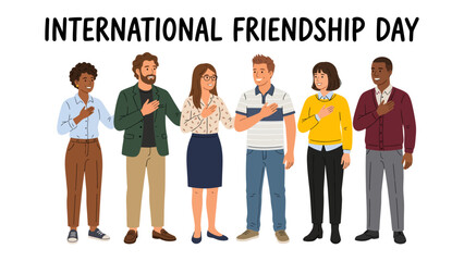 Obraz premium Celebrating International Friendship Day: A diverse group of individuals stands united, with hands placed over their hearts, symbolizing unity, connection.