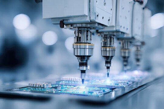 Advanced robotic arms precisely soldering electronic circuit boards in a modern manufacturing facility, showcasing technological innovation and efficiency.