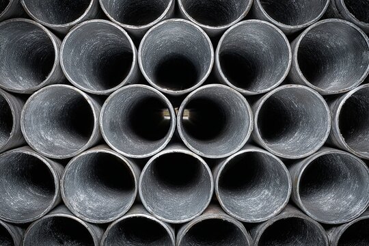 A tightly packed stack of varied diameter galvanized steel pipes forming an industrial geometric pattern