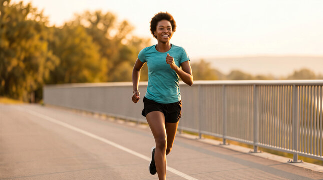 Happy African American woman running outdoors on a bridge at sunset, enjoying her fitness routine and healthy lifestyle