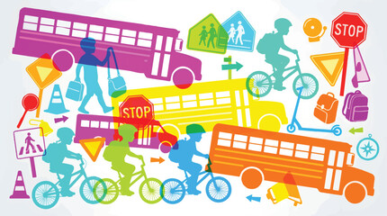 Naklejka premium Colorful school bus and student silhouettes vector, vibrant back to school transportation icons with children on bicycles and scooters, road safety signs and school bus graphic elements isolated