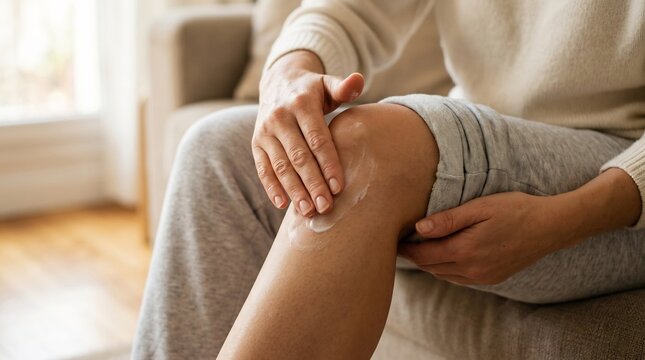 Woman applying soothing cream or medical ointment to relieve knee joint pain while sitting at home in the living room