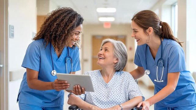 Smiling nurses showing digital tablet to senior patient in wheelchair. Healthcare professionals interacting with elderly woman in hospital corridor. Panning camera movement.